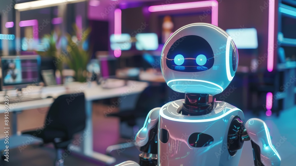 Aufkleber friendly robot assistant in a modern office setting with neon lighting. future of workplace automati