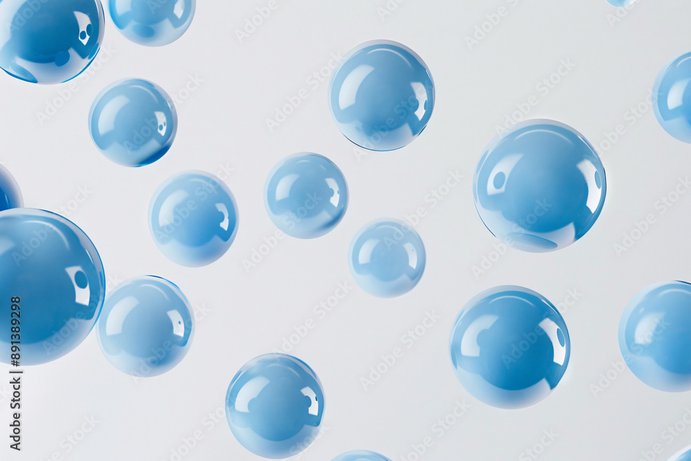 Poster light blue bubbles floating in a white space, creating a calm and serene atmosphere with a delicate,
