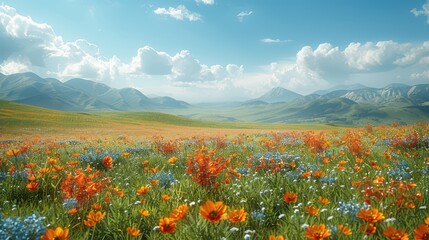 Obraz premium Tranquil 3D Rendering of a Wildflower Meadow with Rolling Hills and Blue Sky