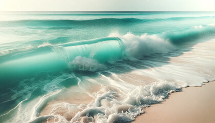 Fototapeta premium A seascape of mint sea waves with spray and foam near the shore. The image is wide, showcasing the gentle but lively motion of the waves. Wallpaper. Design. Cover. Tourism.