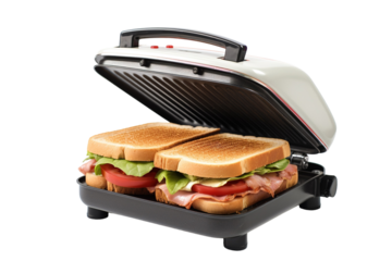 Golden-Brown Toasted Sandwiches in a White Electric Grill on a Clear PNG or White Background.