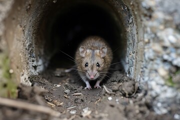 A lone little rat navigates the maze-like tunnels in a narrow drainage pipe, showcasing its agility and survival instincts in a challenging environment