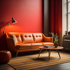 Interior of modern living room with red walls, wooden floor, orange sofa and coffee table. generative ai