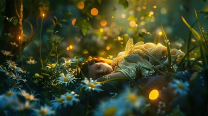 A girl is sleeping in a field of flowers