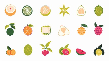 Minimalist flat-style icons of exotic fruits like lychees and star fruits, on a white background.