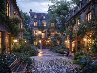 Naklejka premium Tranquil Urban Elegance: Hyper-Realistic 3D Rendering of Historic Building in Soft Street Light