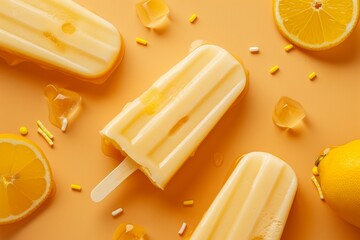 Peach-flavored popsicle on a stick, copy space. Beautiful simple AI generated image in 4K, unique.