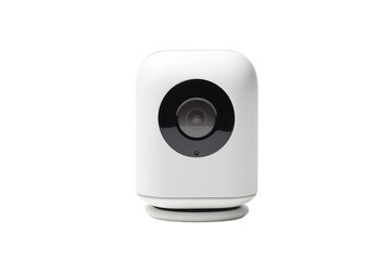 Fototapeta premium A White Home Security Camera With A Circular Lens Facing Forward on a Clear PNG or White Background.