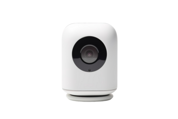 A White Home Security Camera With A Circular Lens Facing Forward on a Clear PNG or White Background.