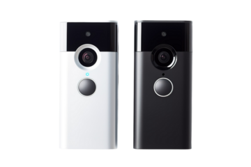 A Pair of Modern Smart Doorbell Cameras in White and Black on a Clear PNG or White Background.