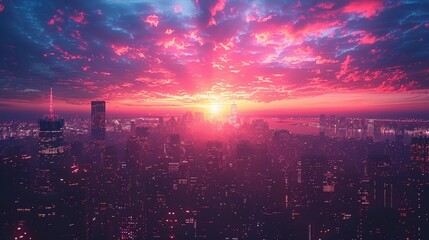 Fototapeta premium Serene Urban Skyscape at Dusk: Hyper-Realistic 3D Rendering of Minimalist City with Colorful Twilight Sky Silhouetting Buildings