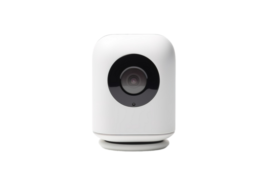 A White Home Security Camera With A Circular Lens Facing Forward on a Clear PNG or White Background.