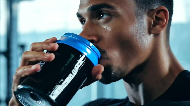 portrait of a fit young man sipping a protein shake in the gym. Bodybuilder or fitness enthusiast enjoying a whey supplement for post-workout recovery. Healthy nutrition, energy drink, and fitness sup