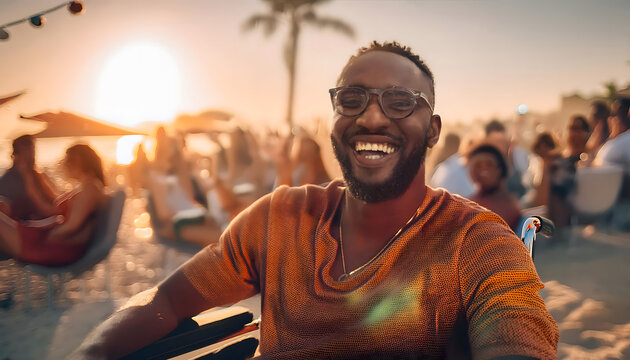 Young, black man in a wheelchair at a beach party. Happy, laughing, full of life. - Powered by Adobe