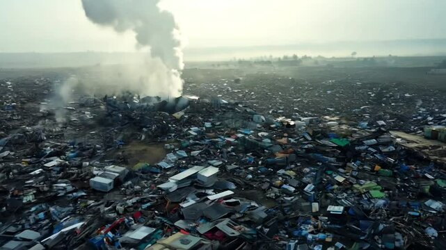 Aerial footage captured by a drone flying over a landfill. Mountains of various types of refuse. Concept of environmental impact of consumerism and the challenge of waste management in modern society.