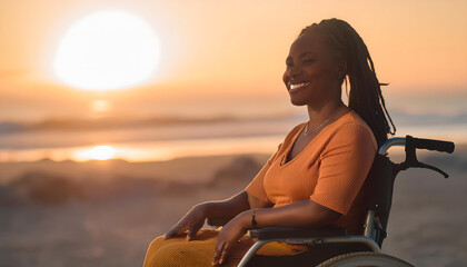 Fototapeta premium Optimistic, cheerful black woman in a wheelchair by the sea at sunset.