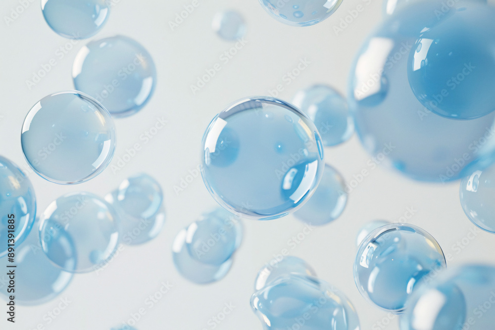 Poster translucent blue bubbles floating against a light background creating a whimsical scene