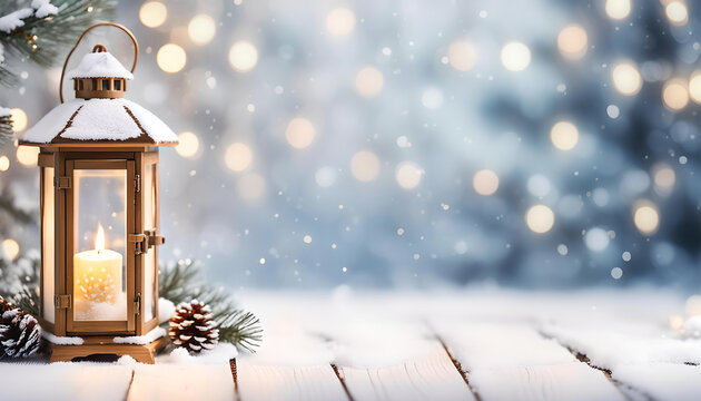 Beautiful christmas lantern with copy space and snow