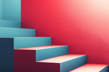 Modern staircase with blue steps and a bold red wall, creating a striking and colorful design