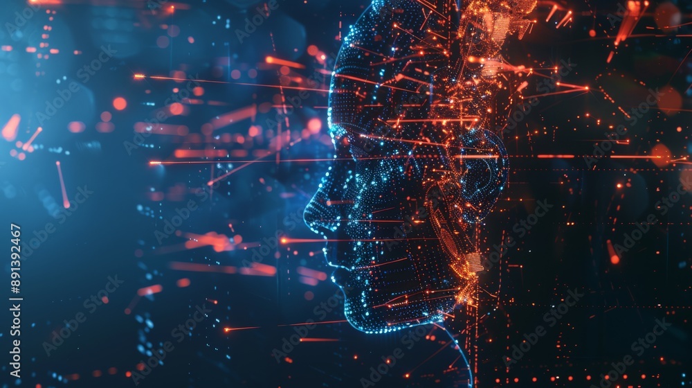 Poster close-up of a digital human head profile with blue and orange light patterns. ai visualization and t