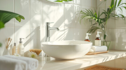 Fototapeta premium white ceramic sink on the counter of an elegant bathroom, surrounded by beauty products and natural plant elements, creating a serene atmosphere