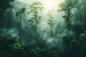 Obraz premium Enchanting Misty Jungle Landscape at Dawn