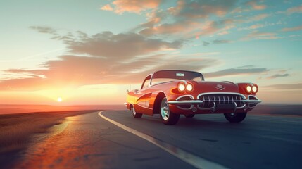 'red retro stay sunset car road asphalt old vintage classic muscle trip drive automotive automobile summer sky blue sport american auto transport 1960s'