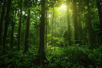 Obraz premium Lush Green Forest Bathed in Soft Sunlight