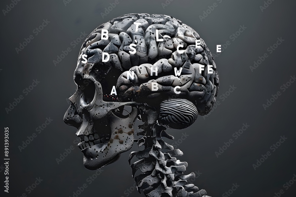 Poster intricate visualization of a human skull and brain with alphabetic elements