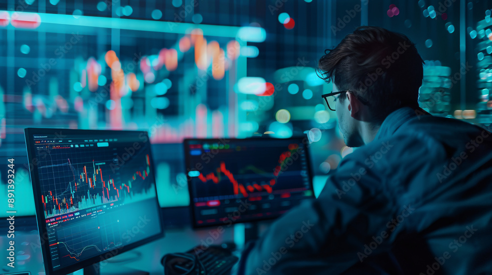 Poster bitcoin cryptocurrency block chain: future business. a day trader buys and sells currency and trades