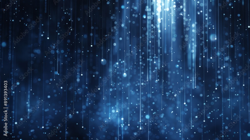 Poster Blue and white digital lines with bokeh and particles in a vertical flow. High-tech data visualization background.