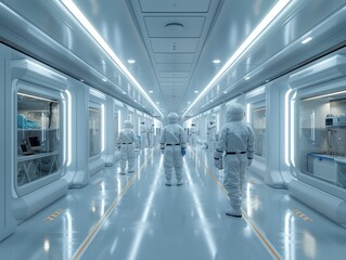 Obraz premium Ultra-Realistic 3D Rendering of High-Tech Cleanroom Factory Interior with Workers in Cleanroom Suits Operating Advanced Machinery in Sterile Environment
