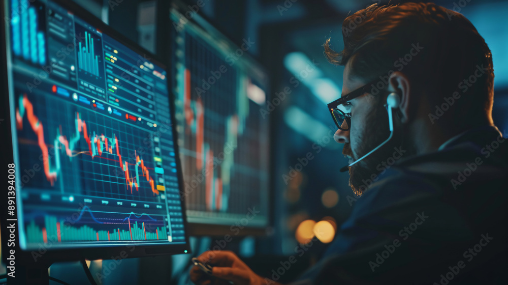 Poster bitcoin cryptocurrency block chain: future business. a day trader buys and sells currency and trades