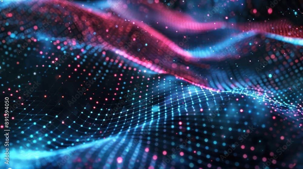 Aufkleber smooth smoke particle wave, big data techno background with glowing dots