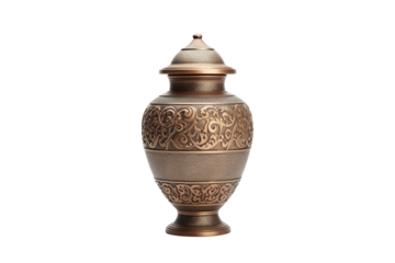 A Ornate Brass Urn With Intricate Floral Engravings Against A White Background on a Clear PNG or White Background.