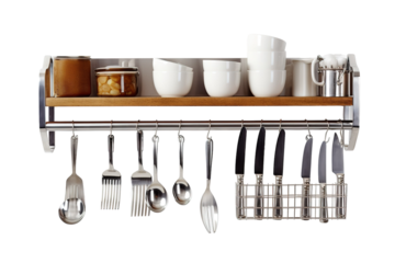 A Modern Kitchen's Functional Elegance: A Sleek Shelf Displaying Utensils and Plates on a Clear PNG or White Background.