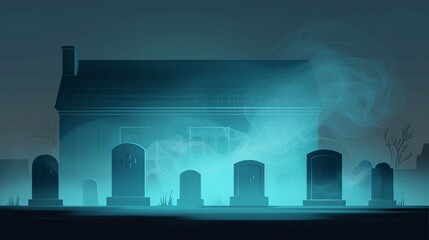 Spooky graveyard with tombstones and mist swirling around, atmosphere of dread. Illustration Flat Color, Clip Art Style , Minimalism,
