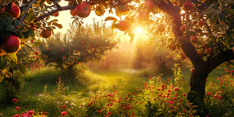 Summer garden with apple trees