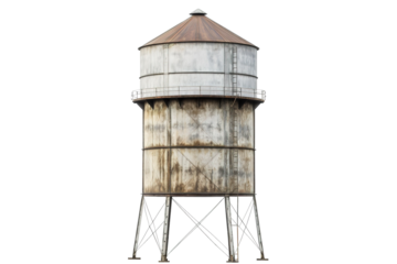 An Isolated Water Tower Stands Tall Against a White Background on a Clear PNG or White Background.