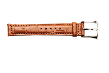A Timeless Tan Leather Watch Strap With a Polished Silver Buckle on a Clear PNG or White Background.