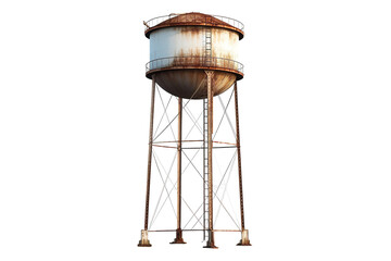 A Rusty Water Tower Stands Tall Against a White Sky on a Clear PNG or White Background.