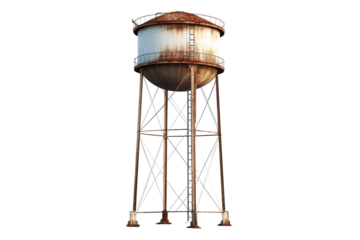 A Rusty Water Tower Stands Tall Against a White Sky on a Clear PNG or White Background.