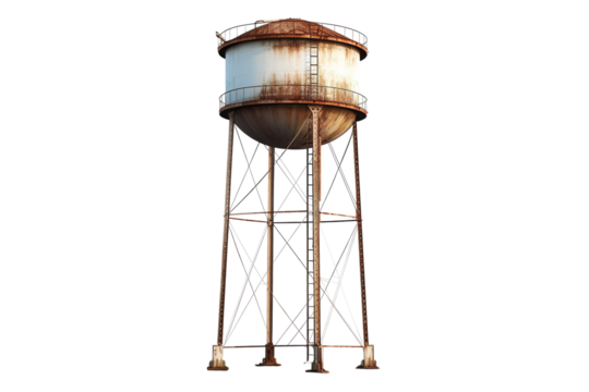 A Rusty Water Tower Stands Tall Against a White Sky on a Clear PNG or White Background.