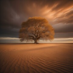 Dramatic sunset over a tree in the desert, generative ai