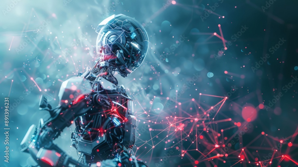 Poster Futuristic robot with a helmet and digital connections in a blue and red glow. AI and robotics innovation.