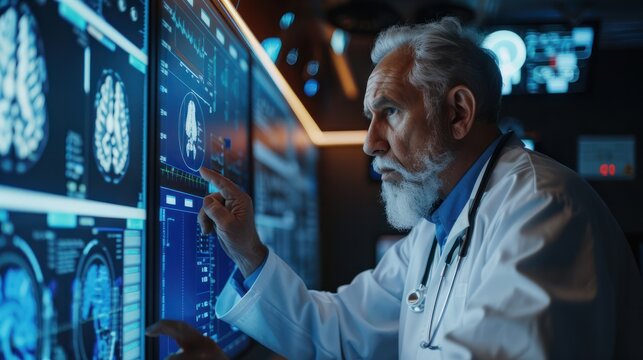 Utilization of big data analytics in healthcare. Older caucasian man wearing a facemark is analysing big data for his research. Male doctor is working on a computer and examine the results of his test