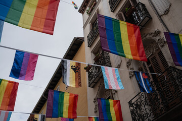 Rainbow and lgbtqia+ flags hanging from buildings on a cloudy day. Celebrating pride with colorful rainbow flags representing diversity and inclusion