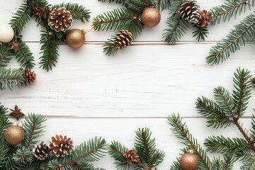 Fototapeta premium Christmas branches in a semicircle, top view, rustic white wooden background, blank space for text in the middle