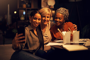 Business women, selfie and diversity at night in office for company project, working and deadline. Digital agency, cooperation and group in workplace as team with memory for startup collaboration