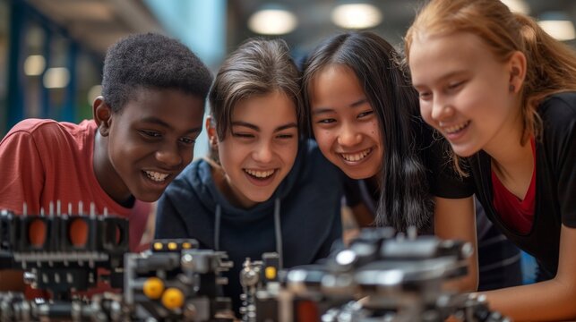 Enthusiastic teenagers from various backgrounds gathered around a table, a robot during a STEM workshop. The joy of learning and the importance of hands-on experience in scientific education - Powered by Adobe
